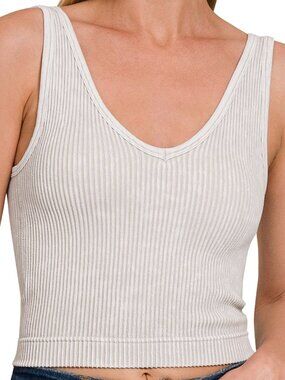 Washed Ribbed Seamless Bra Padded V-Neck Tank Top in Bone